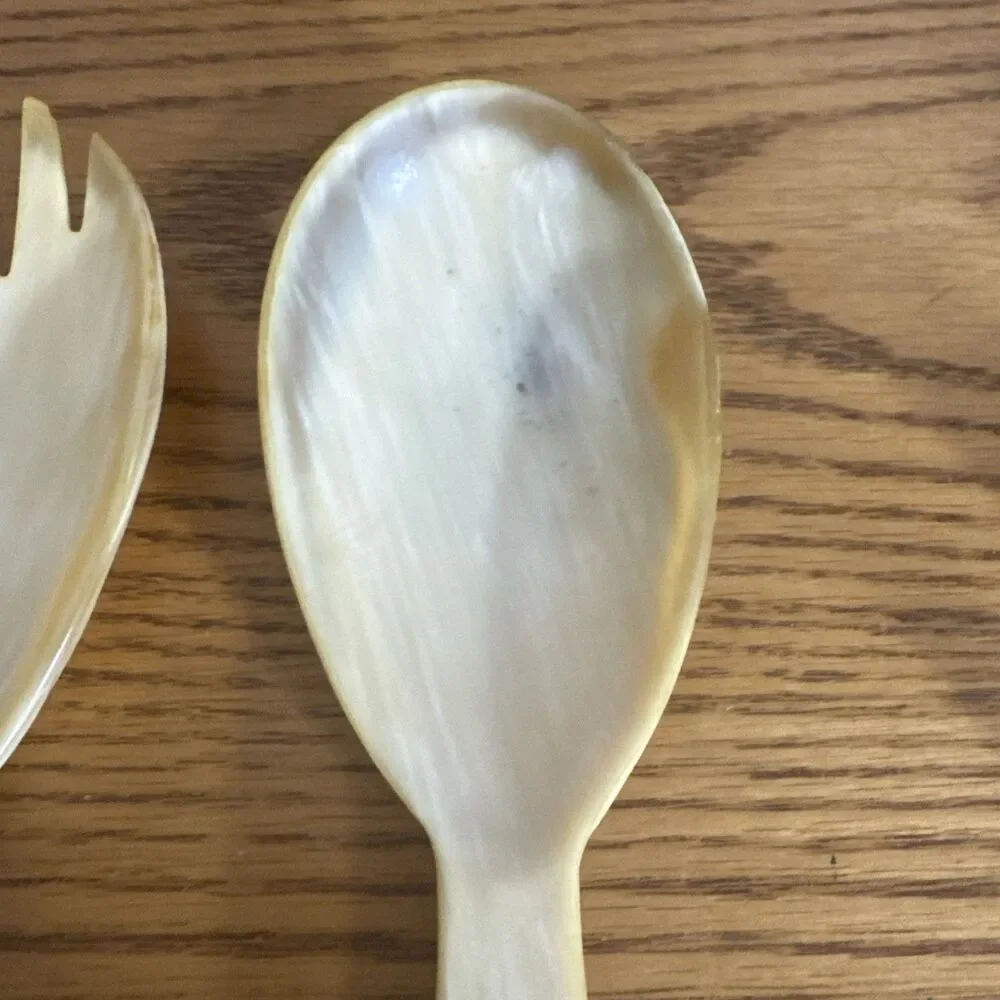 Vintage Art Deco 835 Solid Silver & Natural Horn Salad Serving Set Spoon Fork